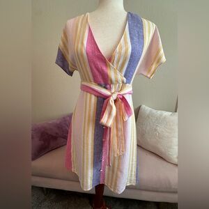 Line and Dot pastel linen striped wrap top mini dress Bow tie belt Women’s Sz S